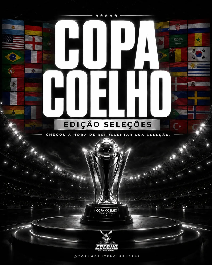 Arte da Copa Coelho, Edição Seleções: troféu prateado num estádio iluminado, com bandeiras de seleções